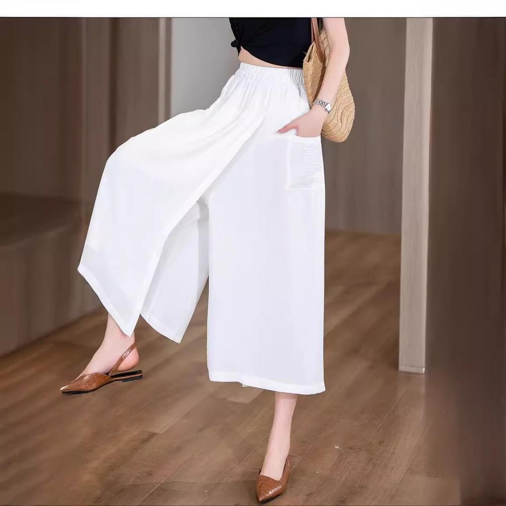 Summer Thin Style Loose High Waist Slit Lazy Style Casual Skirt Pants Hips and Thighs Thick Slimming Eight-point Wide-leg Pants for Women