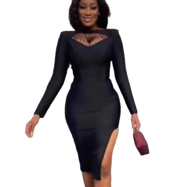 Женское сексуальное облегающее платье-бандаж с бусинами и длинными рукавами с разрезом