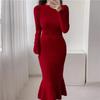 Women Knitting Mermaid Dress Autumn Winter Long Sleeve Half High Collar Solid Elegant Slim Vintage Pullover Sweater Dress