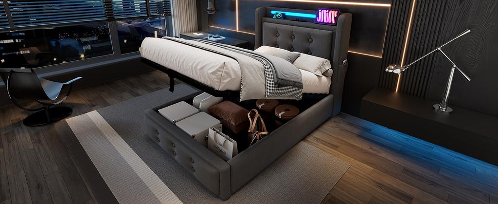 Upholstered Bed 90x200, Single Bed with LED Headboard and USB C Charging, Hydraulic Wooden Slatted Base, 150 kg, Grey, Cotton (Without Mattress)