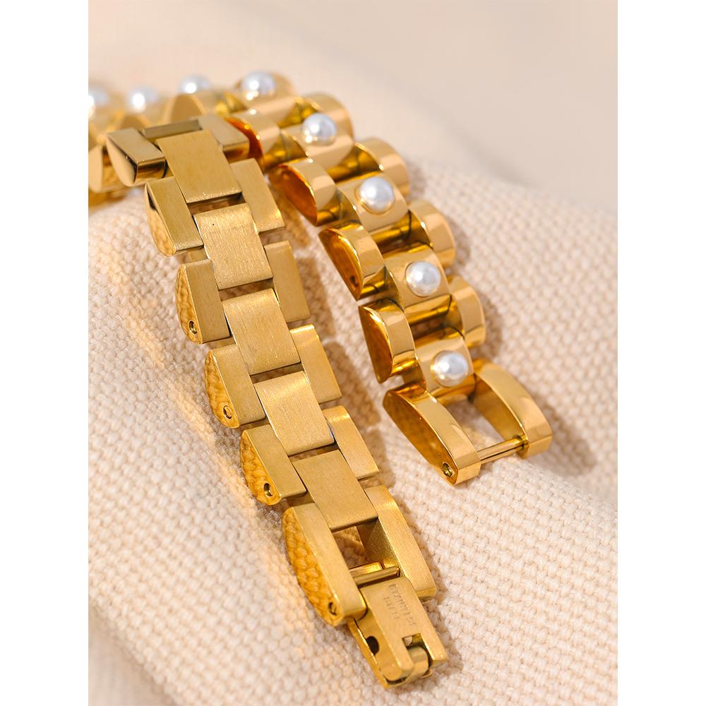 Yhpup 18cm Stainless Steel Imitation Pearls PVD Gold Plated Thick Cuban Chain Charm Bangle Bracelet Fashion Jewelry Wome