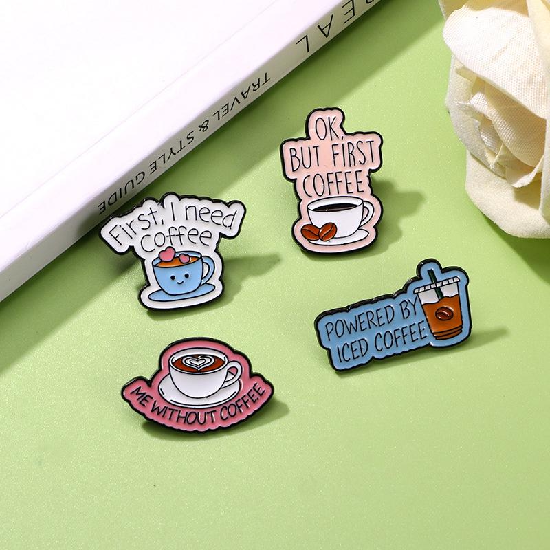 Alloy letter series brooch, personality trend I need coffee English slogan cartoon badge