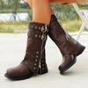 Punk Style Buckle Strap Motorcycle Boots Women Round Head Chunky Heel Mid Calf Boots Woman Retro Pu Leather Knight Botas Mujer
