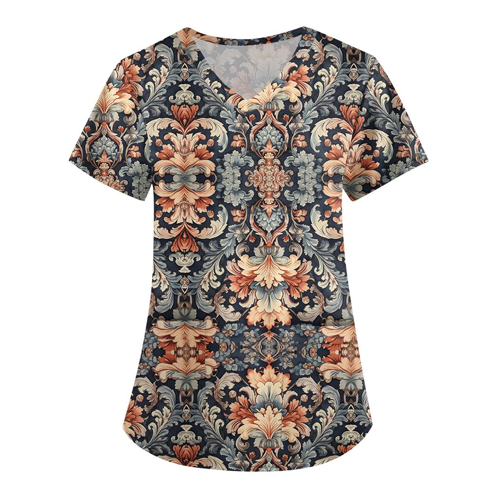 Women's Cute Printed Work Clothes V-neck Double Layer Pockets Basic Short Sleeve Top Pullover Valentines