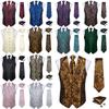 Mens Waistcoat Wine Red Paisley Suit Vest Bow Tie Hanky Cufflinks Set Wedding