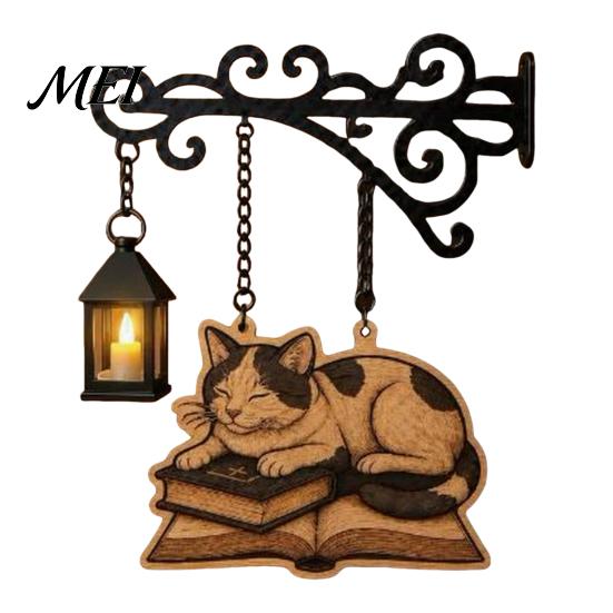 Gift for Readers And Cat Fans Vintage Bookshelf Light with Sleeping on Book Design, Retro Lantern Bookworm Office Accessory Lamp Reading, Decorative