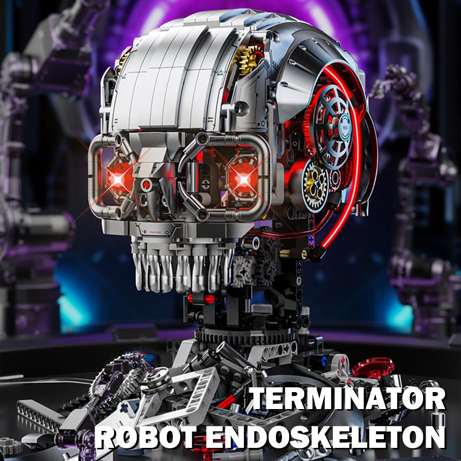 MOC Mechanical Skull Endoskeleton Building Blocks Terminator Robot Head Model Bricks Toys Kit Lighting Power Function Gifts