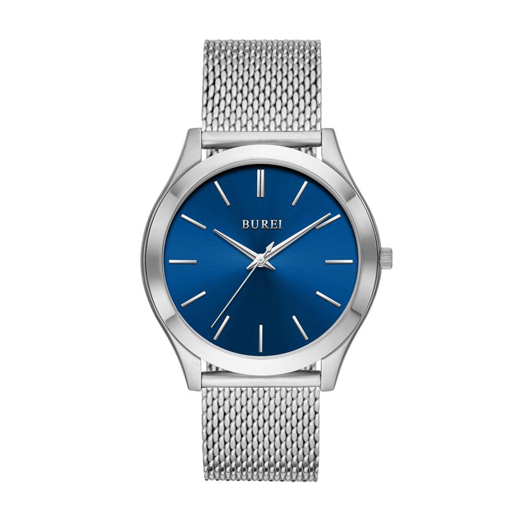 BUREI Мужские аналоговые кварцевые часы, Водонепроницаемые, Сетчатый браслет, Серебристые, Популярные, Тонкие, Простые, Стильные, Деловые, Повседневные, Мужские часы (Синий, Нержавеющая сталь)