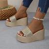 20252025 Summer New European and American Slope Heel Thick Bottom Fish Mouth One Word with Woven Light Muffin Sandals Large Size