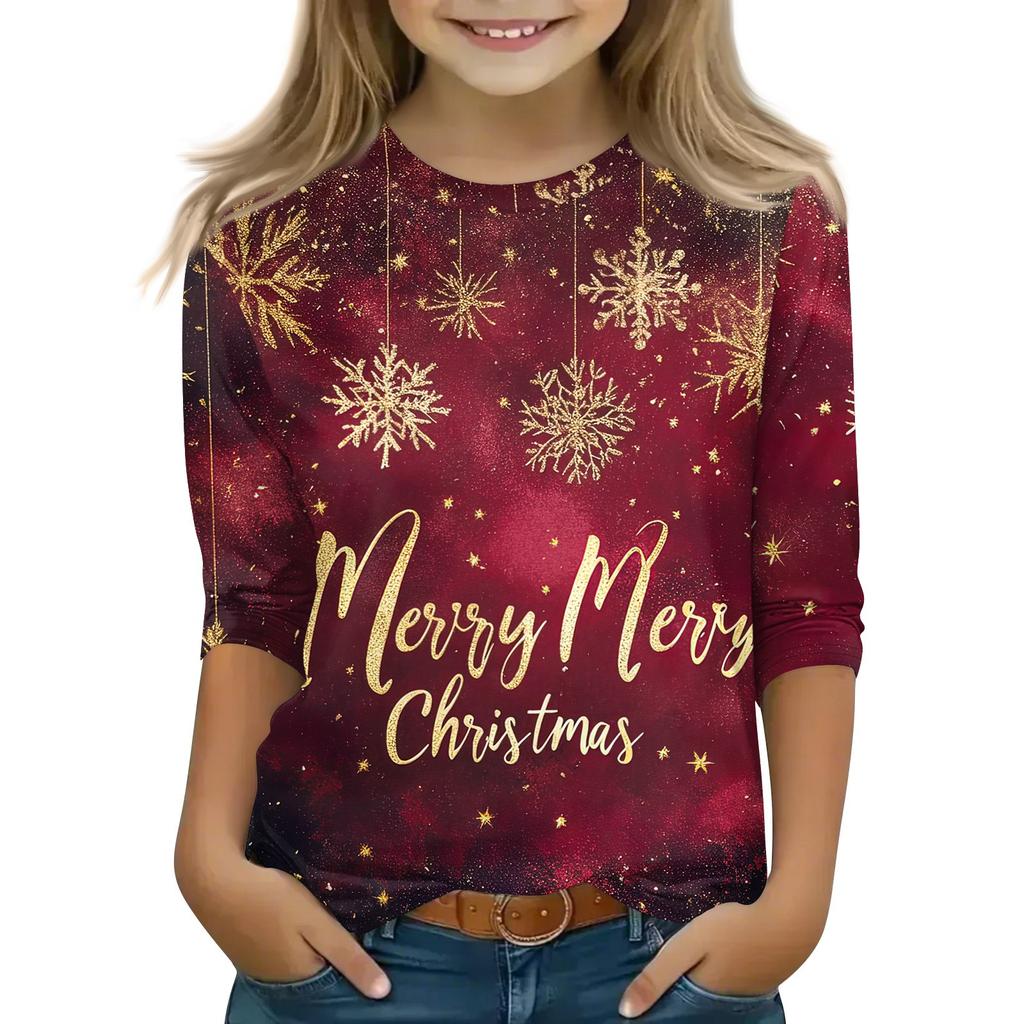 Children's 3/4 Sleeve Tops Casual Christmas Print T Shirt Round Neck Pullover Blouse