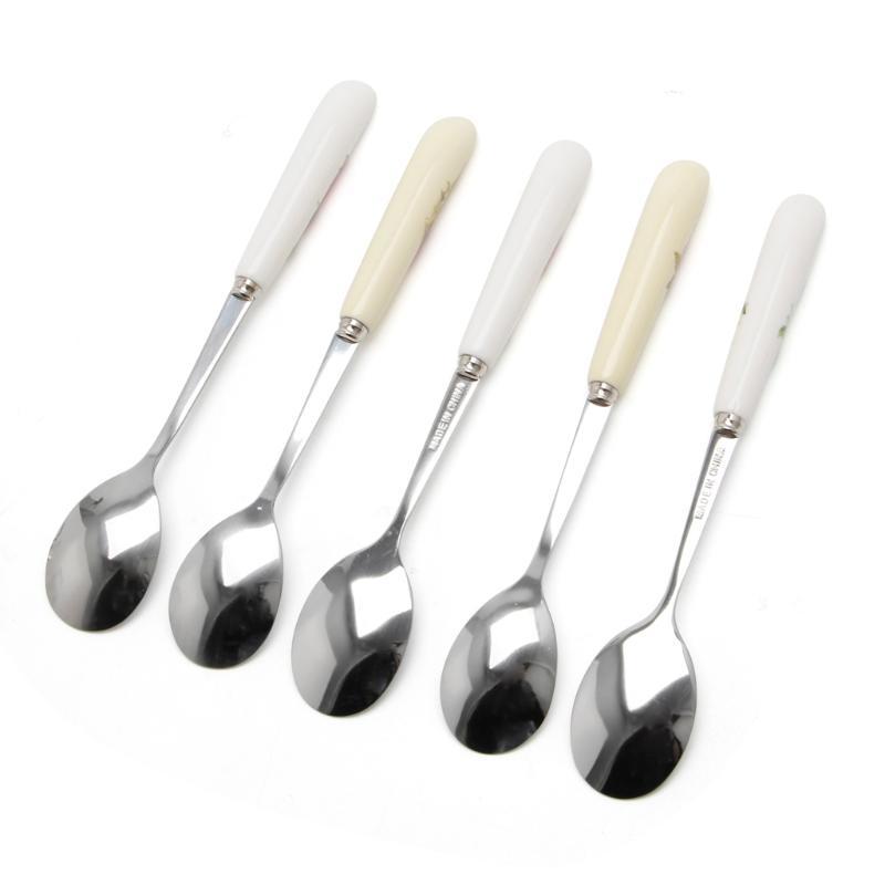 1PC Ceramic Handle Spoon Stainless Steel Dessert Coffee Spoons Ice Cream Teaspoon Random Color