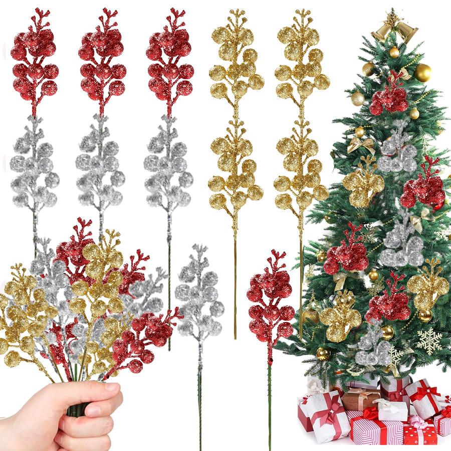 5-30Pcs 22cm Christmas Decoration Glitter Berrie Artificial Flower Bouquet Christmas Tree Ornaments for Home New Year 2026 Decor