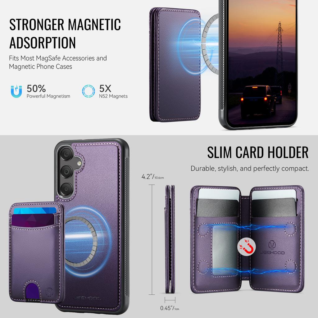 For Samsung Galaxy A55 5G Magnetic Case JEEHOOD J10 Leather Back Phone Cover with Detachable Card Holder Kickstand
