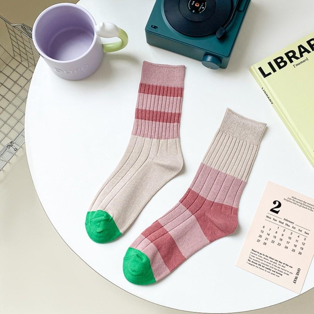 A Pair Stripes Mid Tube Socks Warm Womens Crew Socks Durable Cotton Socks At All Seasons