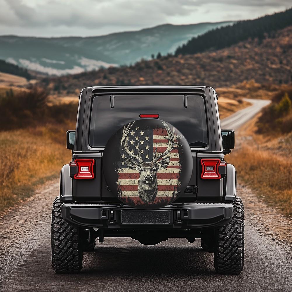 Distressed Deer American Flag Tire Cover Outdoor Vehicle Protector Spare Wheel Cap