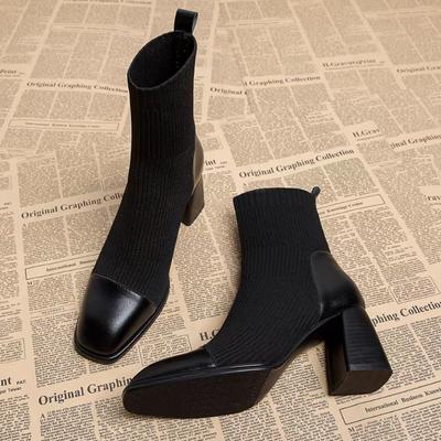Женские зимние ботильоны на высоком каблуке, дизайнерские туфли с квадратным носком, модные вязаные носки, зимние тренды 2024 года, готические сапоги Zapatillas Mujer