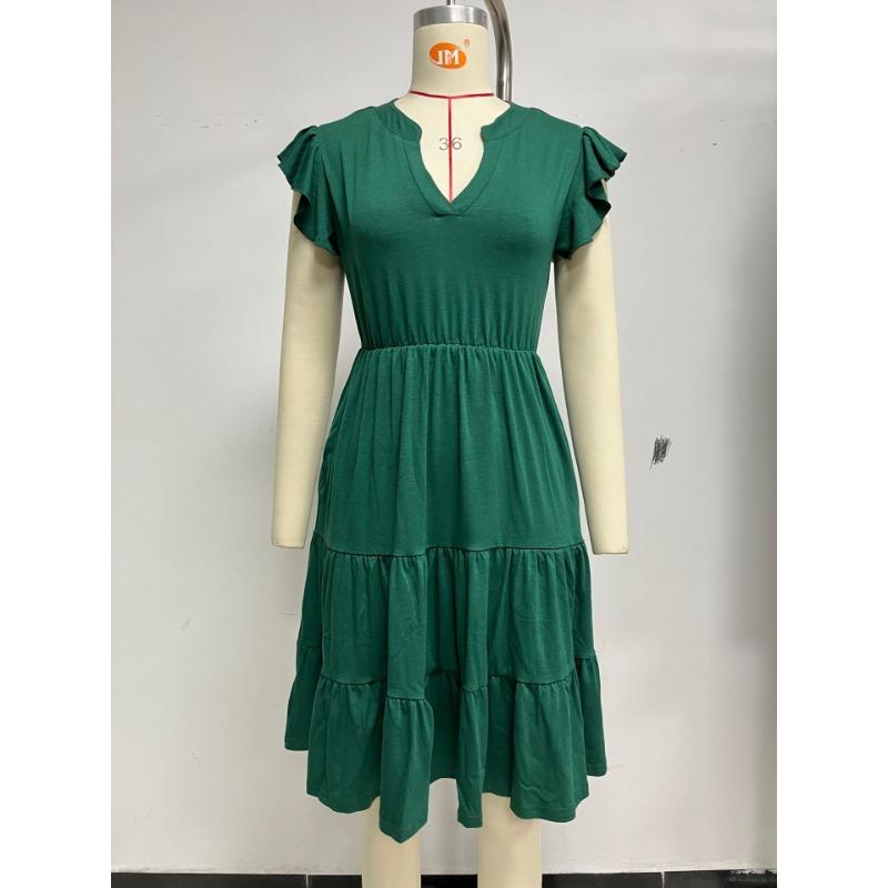 Летнее женское однотонное свободное платье с v-образным вырезом и короткими рукавами на талии