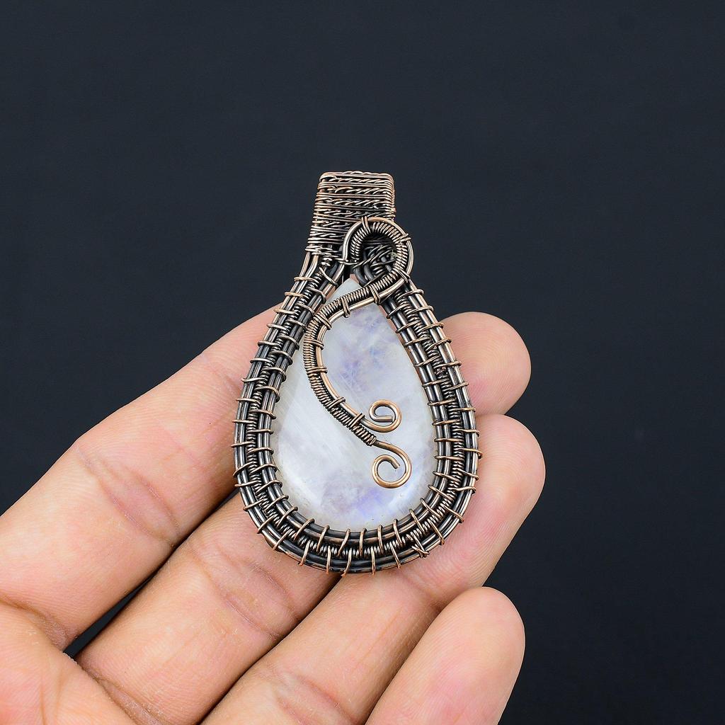 Кулон из лунного камня, обернутый медной проволокой 999 пробы, кулон из драгоценного камня ручной работы, подарок для мамы, антикварное украшение