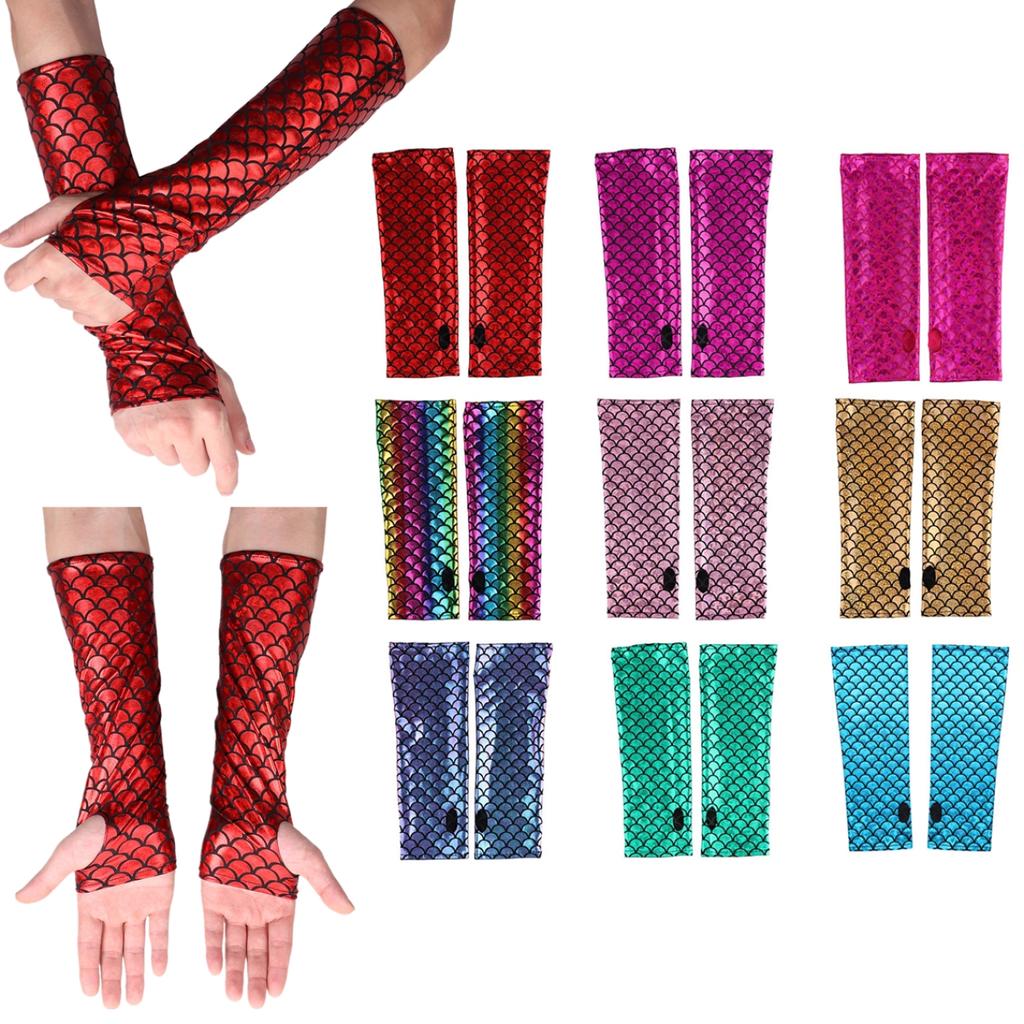 Mermaid Costume Fish Scale Pattern Printed Fingerless Long Gloves Arm Sleeves Adult Halloween Dance Club Party Cosplay Accessory