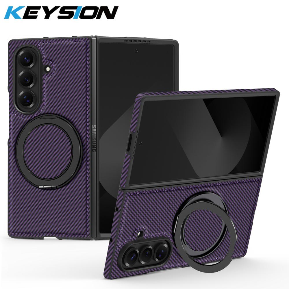 KEYSION Чехол с текстурой кевларового углеволокна для MagSafe для Samsung Galaxy Z Fold 7 6 5 4 3 с вращающейся на 360° магнитной подставкой-кольцом, чехол для телефона