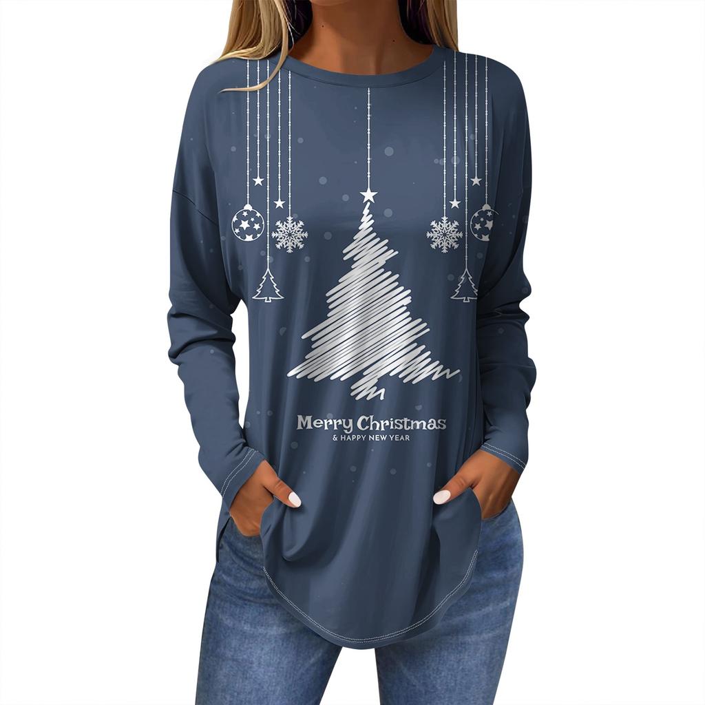 Женская модная повседневная футболка с круглым вырезом и длинным рукавом с рождественским принтом