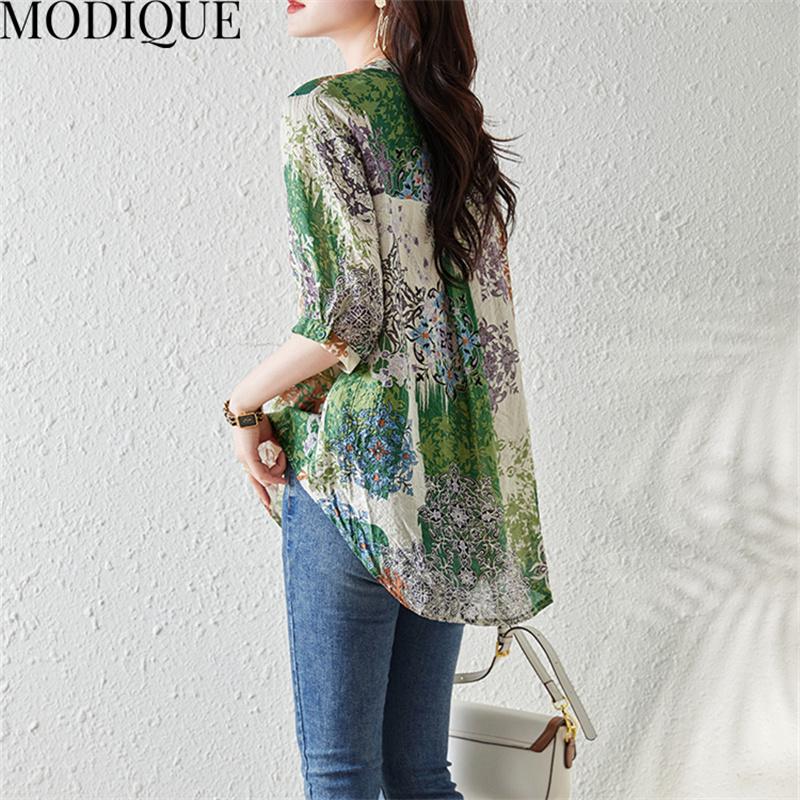 MODIQUE, летняя женская хлопковая блузка большого размера, шифоновые рубашки с цветочным принтом, летние пальто большого размера, пуловер с v-образным вырезом и короткими рукавами на пуговицах