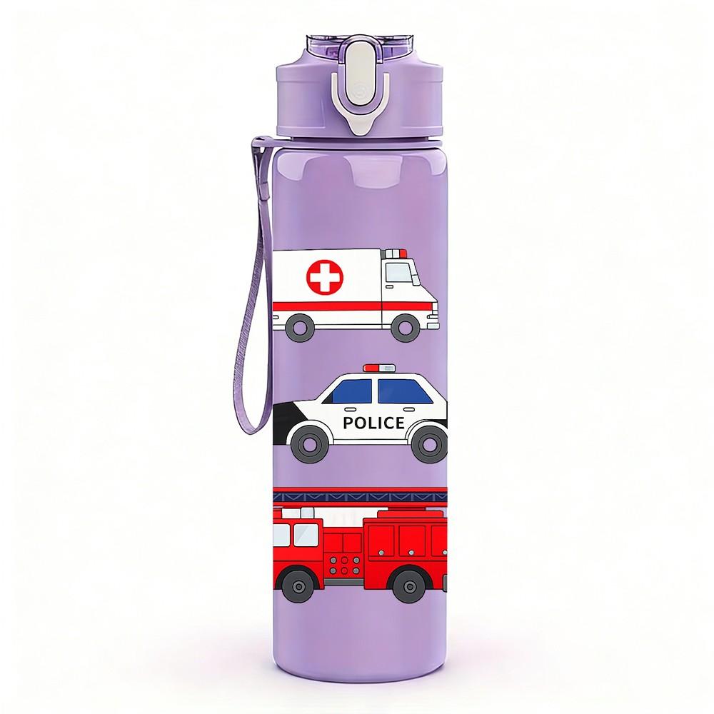 1PC Fire Truck Emergency Vehicle Set Print 750ml Color Plastic Sports Water Bottle Leakproof Flip Straw Lid Suitable for Sports Office Home Use