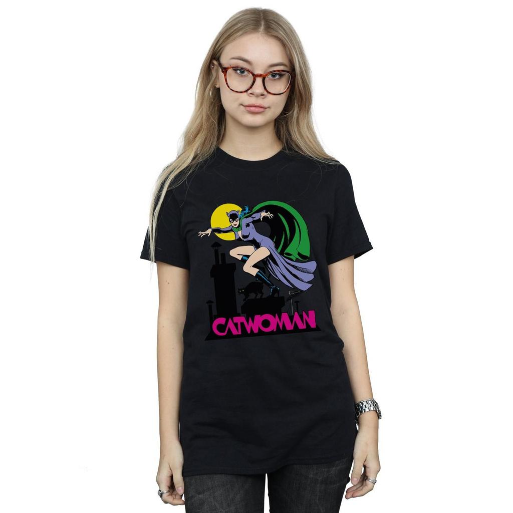 DC Comics Женская/Дамская хлопковая футболка бойфренда с текстовым логотипом Женщины-кошки
