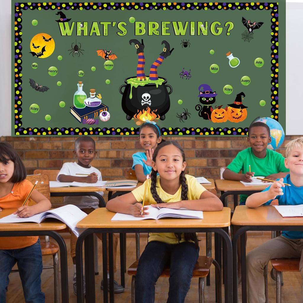 Pasimy Halloween Bulletin Board Decorations Set Halloween Theme Classroom Decor Spider Bat Ghost Pumpkin Cutouts with Borders for Home School Party