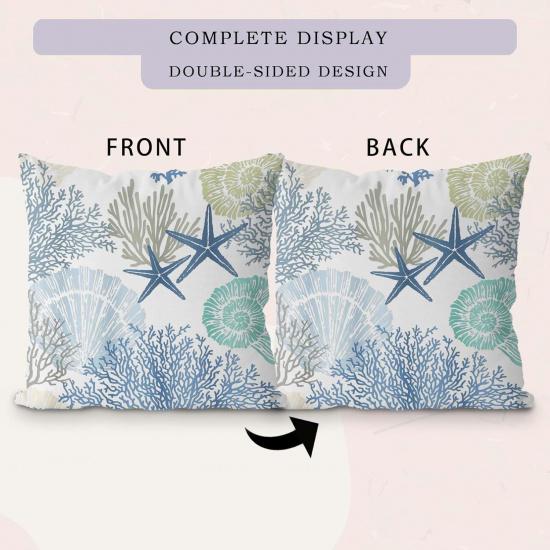 Coastal Beach Pillow Covers 18x18, Ocean Beachy Themed Room Decor, Coral Starfish Seashell Ocean Beach Decorative Throw Pillow Covers for Home Living