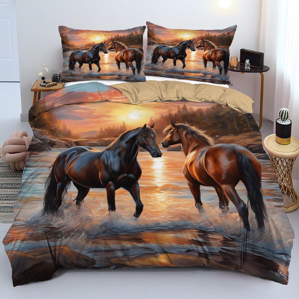 Three-Piece Bed Set, Xiyin 3D Digital Printing Polyester Polished Sunset Galloping Horse Quilt Cover