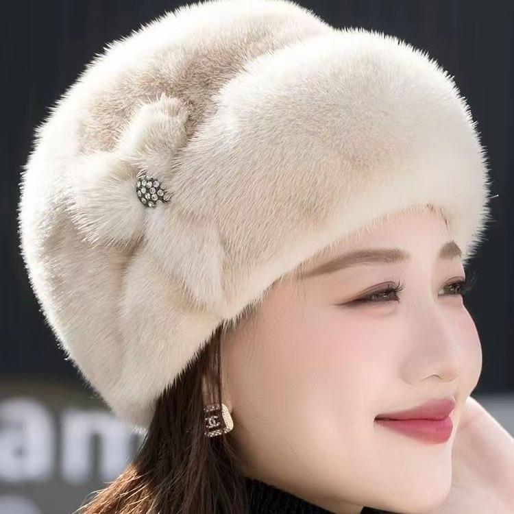 Women's Winter Mink Fur Imitation Top Hat Fashionable Leather Warm Hat Fur Toe Cap