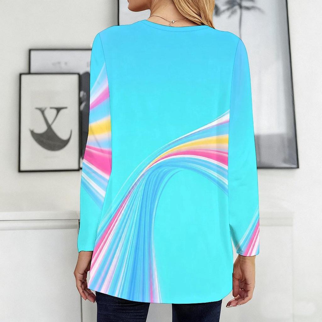Women Plus Size Round Neck Long Sleeve Swirl Printed Colorful Loose Longline T Shirt With Pockets