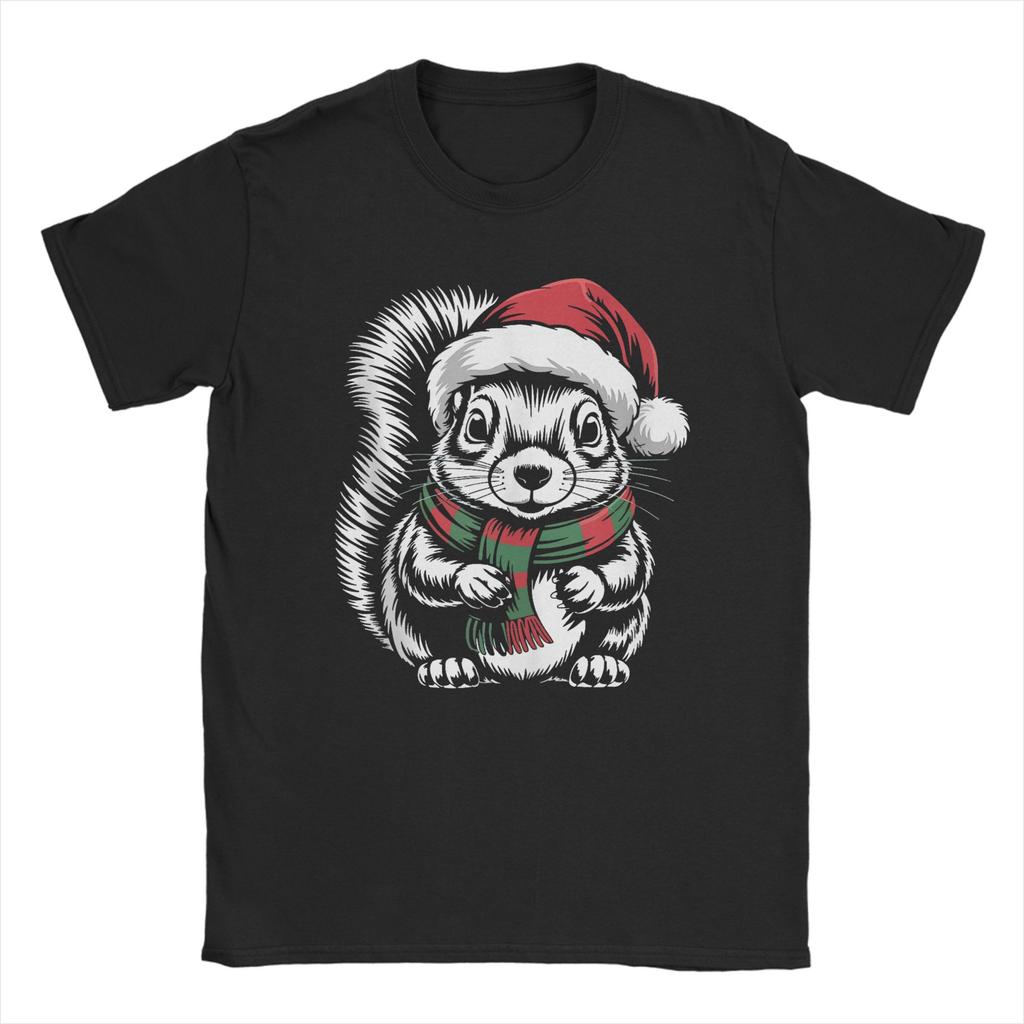 Leisure Squirrel Xmas Santa Hat Scarf Christmas T-Shirts for Men Crew Neck 100 Cotton T Shirts Short Sleeve Tees Plus Size Tops