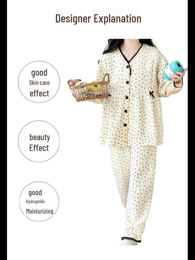 Теплая пижама для беременных из воздухопроницаемого хлопка с прослойкой 2024 года — осенне-зимний кардиган с круглым вырезом и возможностью кормления грудью.