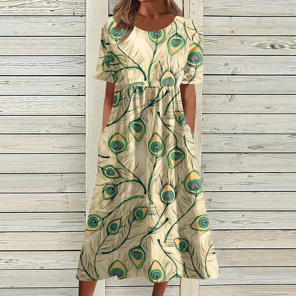 Жен. Повседневные платья Платья с принтами Летние платья С принтами Плиссированные платья-миди с круглым вырезом Классический Классический На открытом воздухе Повседневные С короткими рукавами Свободные платья
