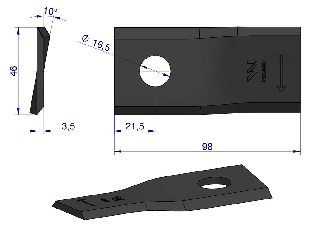 Nóż. Nożyk Kosiarka Prawy 98X46X3.5Mm Otwór 16.5 Zastosowanie 40490005 Morra Waryński ( Sprzedawane Po 25 )
