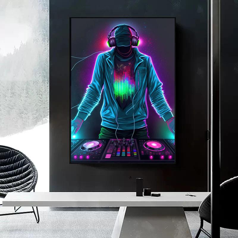 Неоновый дизайн, музыка, крутой DJ, постер для наушников, холст, картины, абстрактное настенное искусство для бара, клубной комнаты, домашний декор, без рамки, без светодиода
