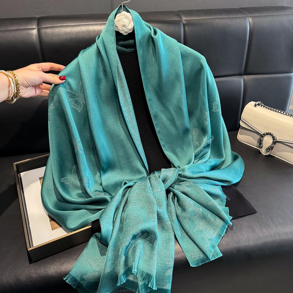 Summer Solid Color Long Scarf Simulation Silk Scarf Five-pointed Star Jacquard Sunscreen Silk Scarf Beach Scarf Shawl Outside Travel Women