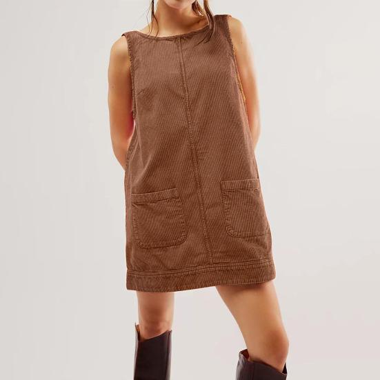 Женское платье с боковыми карманами, без рукавов, с открытой спиной, с круглым вырезом, свободное однотонное мини-платье, длиной выше колена, повседневное платье