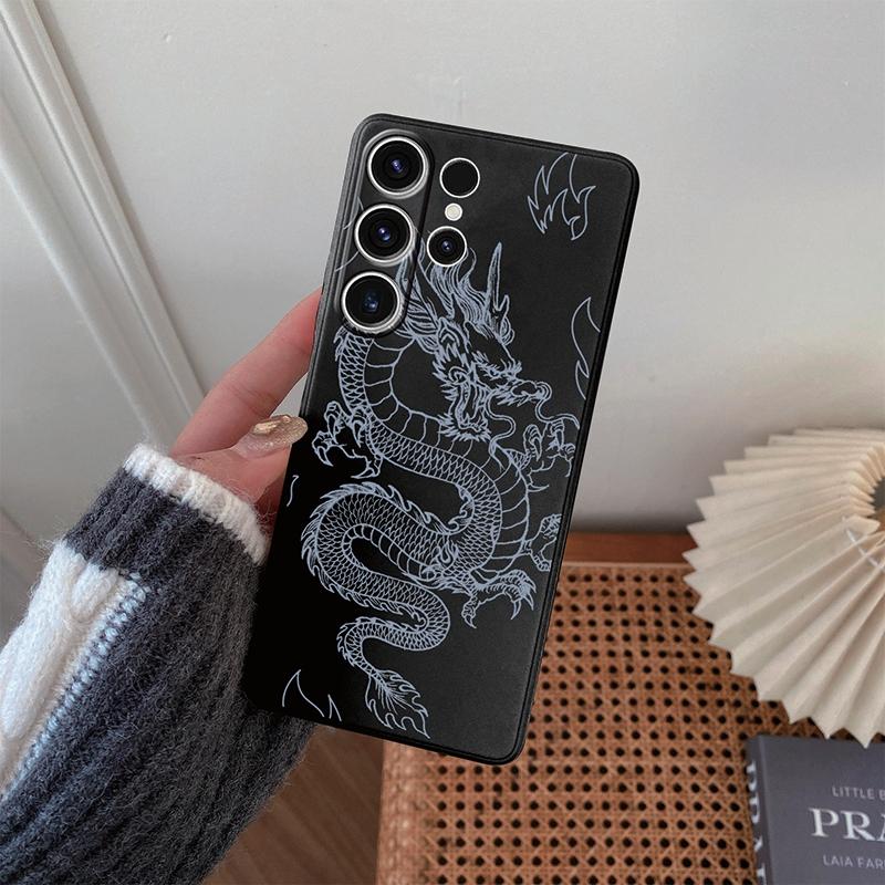 Мягкий силиконовый черный чехол с китайским узором в виде линии Лунга для Xiaomi Redmi Note 13 Pro Samsung A55 A35 M35 S24 iPhone Camera Защитный противоударный чехол