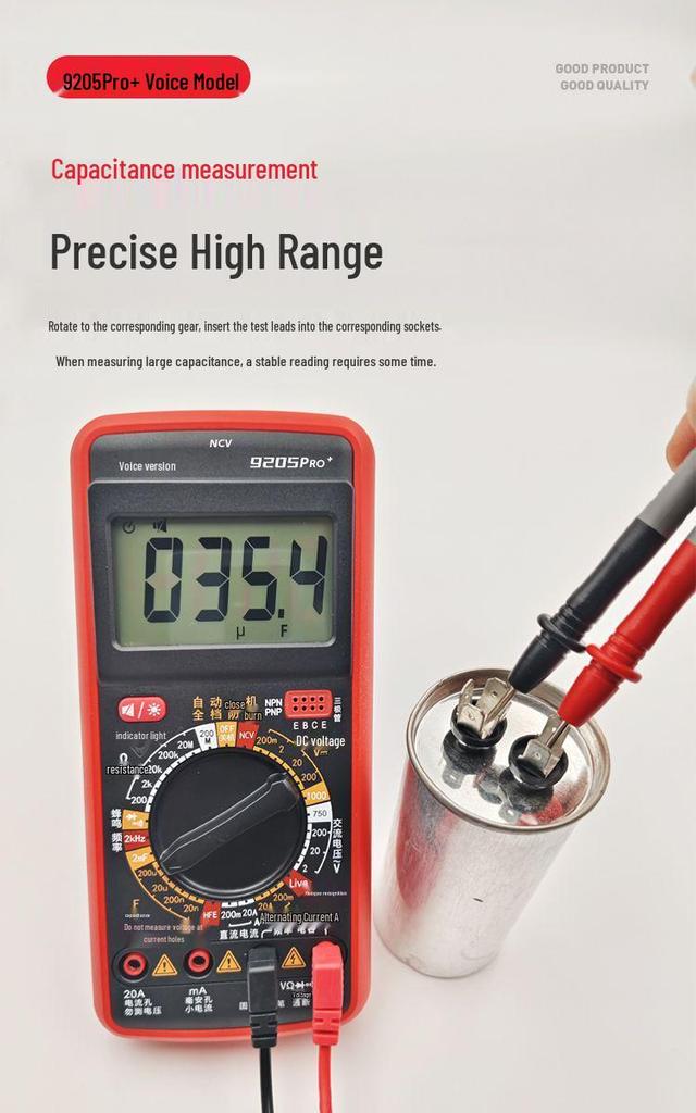 9205Pro+ High Precision Smart Multimeter with Voice Alerts for AC/DC Current, Voltage, and Capacitance Measurement