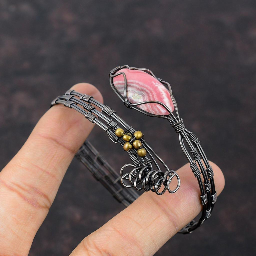 Браслет-манжета с родохрозитом, медная проволока, регулируемый браслет, антикварные ювелирные изделия ручной работы, браслет из настоящего драгоценного камня, ювелирные изделия из медной проволоки для подарка