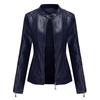 Women's Navy Blue Stand Collar PU Leather Jacket - Lightweight Spring/Autumn Fashion Coat