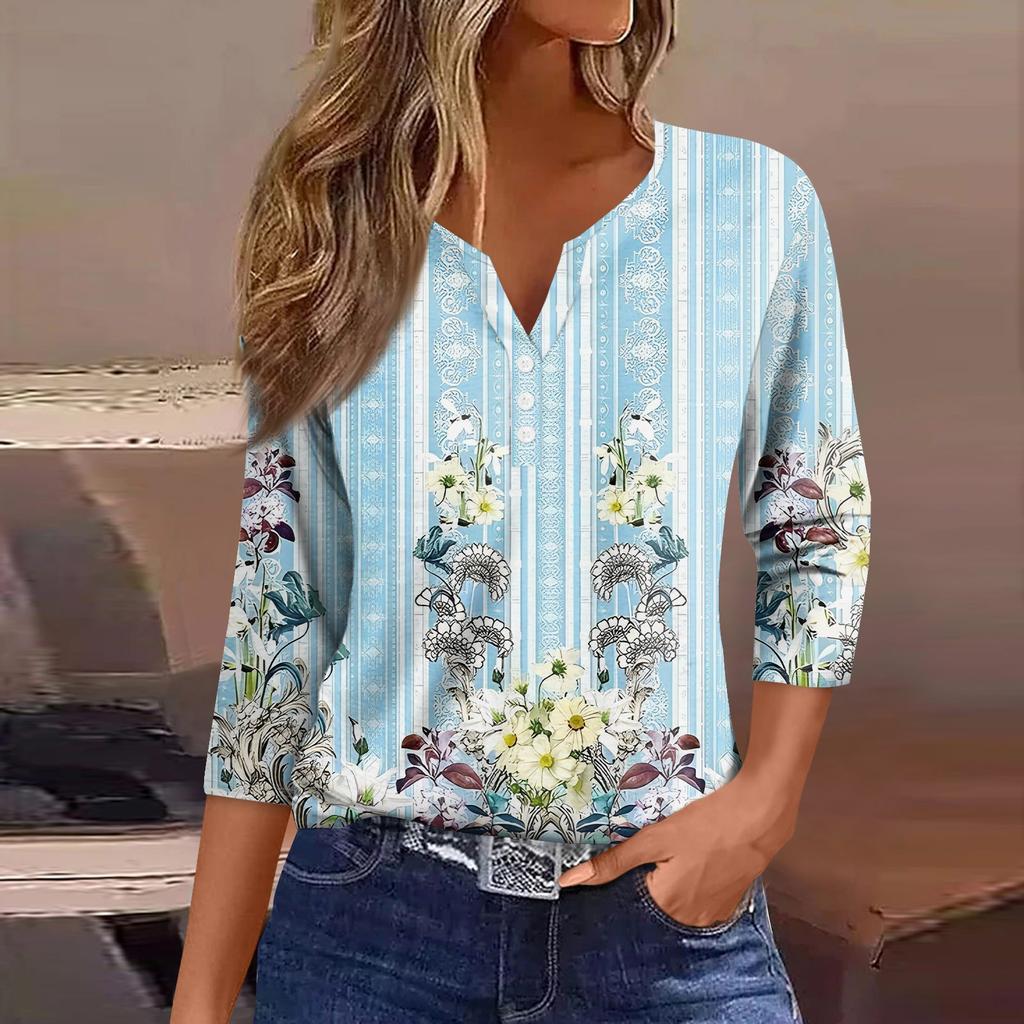 Women's Fashion Casual T-Shirt V-Neck Seven Sleeve Vintage Floral Print Button Top