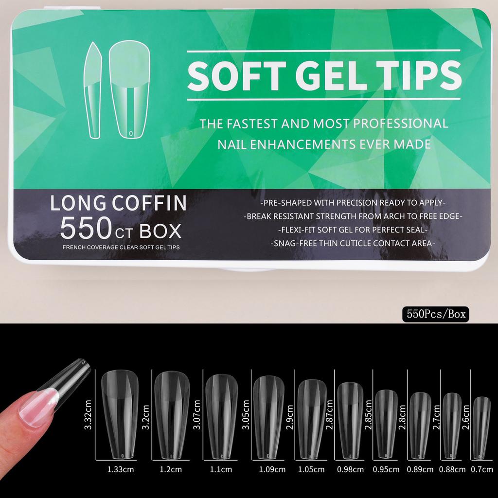 550 шт., мягкие гелевые типсы для предварительной полировки, ПММА, без складки, пресс для ногтей, полное покрытие, прозрачные гелевые типсы