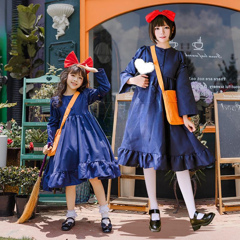 J-yuefang/Jingyuefang Witch Kiki Costume for Girls, Japanese Style Anime Cosplay Dress with Headband and Backpack