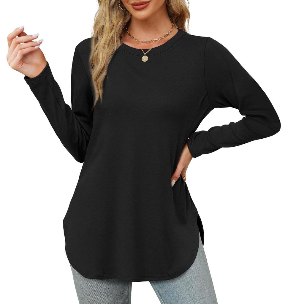 Womens Long Sleeve Round Neck Shirts Side Split Basic Loose Tunic Tops Casual Shirts