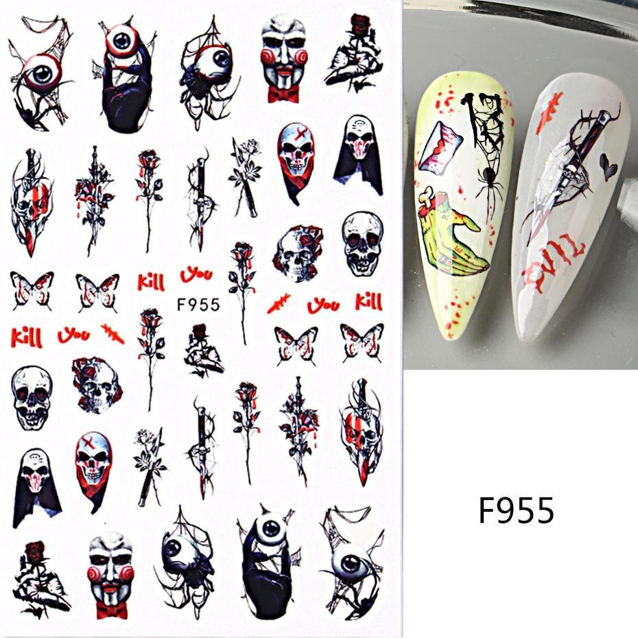 Cute Halloween Evil Nail Design Sticker Green Cartoon Skull Ghost Spooky 3D Punk Manicure Slider Decals DIY Nail Art