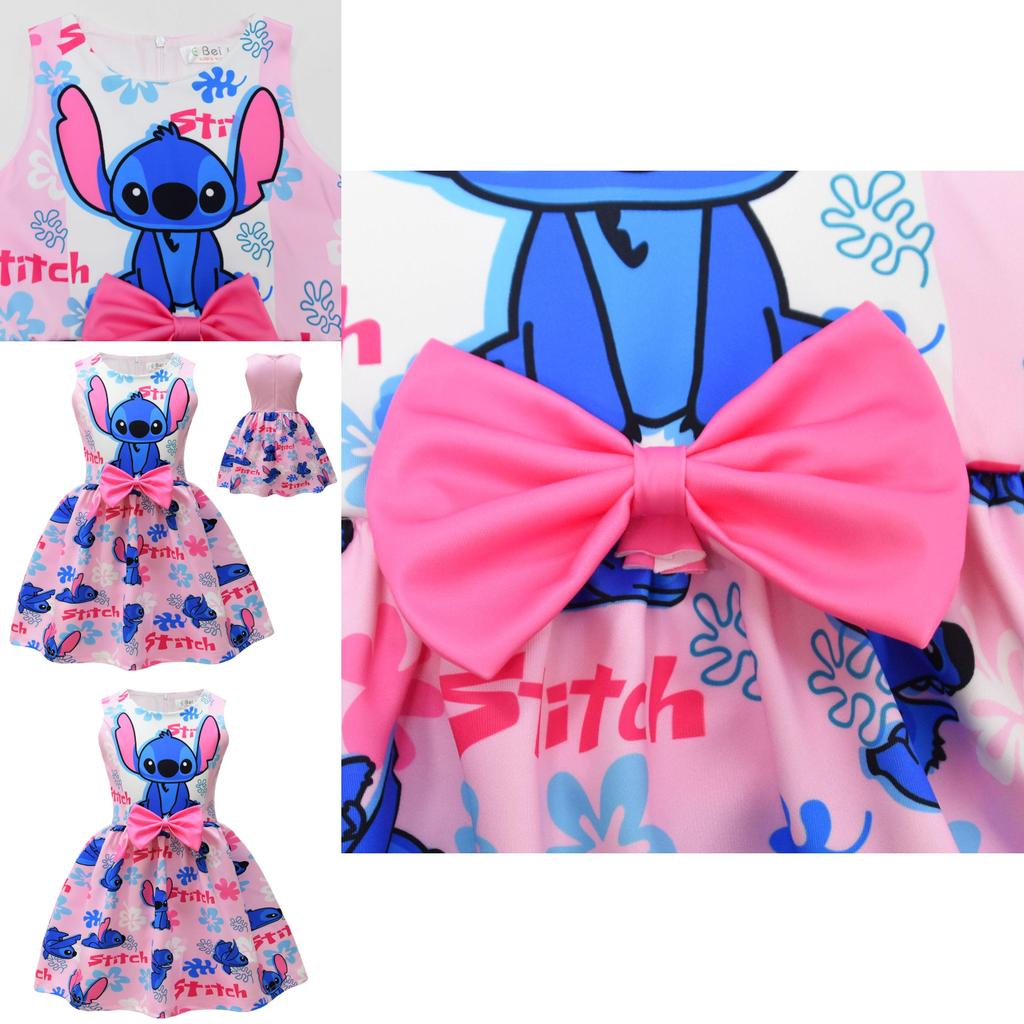 Lilo Stitch Girl Dress With Cotton Blend Fabric And Cartoon Pattern For Kids Ages 3 To 8